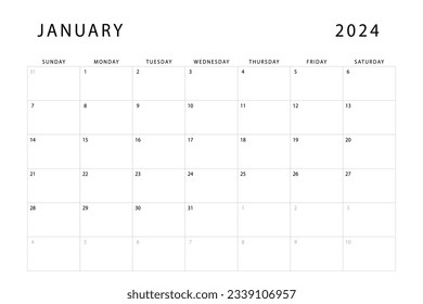 January 2024 calendar. Monthly planner template. Sunday start. Vector design