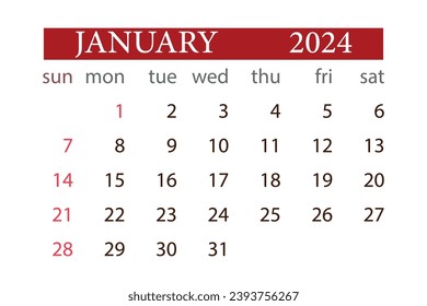 JANUARY 2024 calendar monthly planner start sunday template vector.
