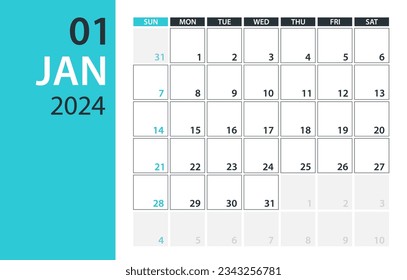 January 2024 Calendar Planner - Vector. Template Mock up