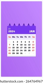 Calendário de janeiro de 2024. História de calendário roxa. Fim de semana de 2024 começa domingo. Modelo de design ideal para anúncios, apresentação, panfleto de eventos e postagem. Ilustração vetorial
