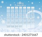 January 2024 Calendar Vector Illustration. Calendar Vector Template. Design with blue and white colors. Winter concept 2024 January calendar with snowflakes and ices.
