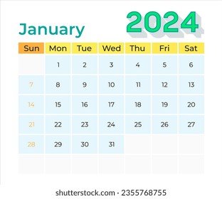 January  2024 Calendar. 2024 Calendar vector illustration. Wall Desk Calendar Vector Template, Simple Minimal Design. Wall Calendar Template For January 2024