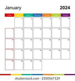 January 2024 colorful wall calendar, week starts on Sunday. 2024 Calendar template.