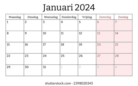 January 2024 dutch month calendar. Vector printable illustration. Monthly planning for your business in Dutch