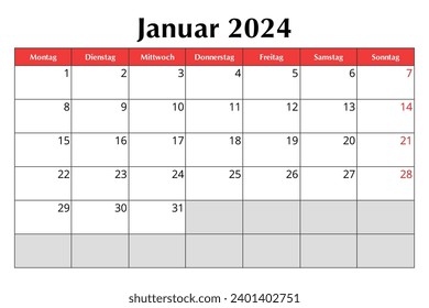 January 2024 GERMAN calendar. Vector editable illustration. Monthly planning for your business in Germany