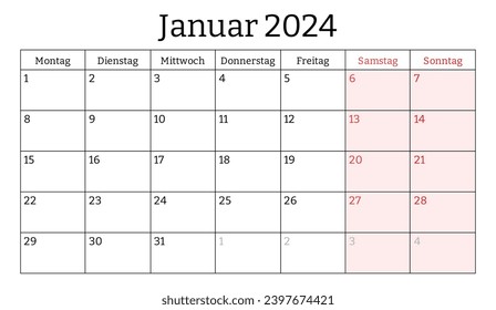 January 2024 German month calendar. Vector printable illustration. Monthly planning for your business in Germany