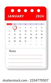 Plantilla de calendario de notas de enero de 2024. Diseño de vectores