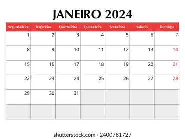 Calendario portugués de enero de 2024. Ilustración modificable del vector. Planificación mensual de su negocio en Portugal