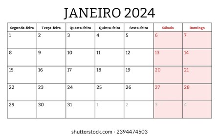 Calendario del mes portugués de enero de 2024. Ilustración de vectores imprimible. Planificación mensual de su negocio en Portugal