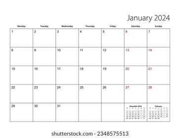 January 2024 simple calendar planner, week starts from Monday. Vector calendar planner.