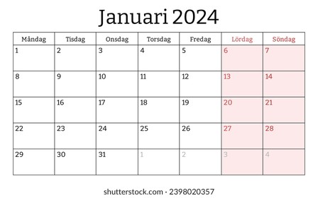 Januar 2024 schwedischer Monatskalender. Vektorgrafik druckbare Abbildung. Monatliche Planung für Ihr Unternehmen in Schweden