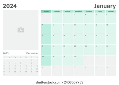 January 2024 table calendar or desk planner with space for your picture, vector design, weeks start on Sunday