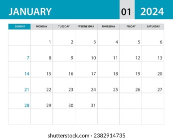 Vorlage Januar 2024 - Kalender 2024 Vorlage Vektorgrafik, Planer Monatsdesign, Desk Kalender 2024, Wandkalender-Design, Minimalstil, Werbung, Poster, Druckmedien, blaues horizontales Layout 