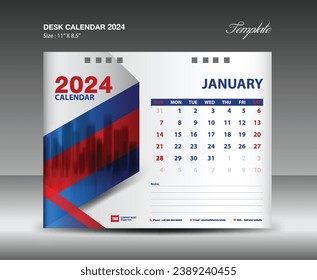 January 2024 template- Desk Calendar 2024 year template, wall calendar 2024 year, Week starts Sunday, Planner design, Stationery design, flyer design, printing media, red and blue backgrund vector