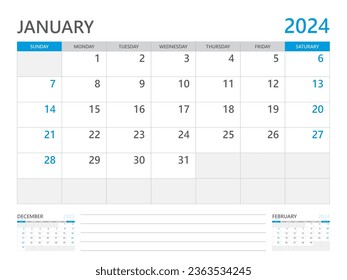 January 2024 year, Calendar planner 2024 and Set of 12 Months, week start on Sunday. Desk calendar 2024 design, simple and clean design, Wall calendar, Corporate design planner template vector