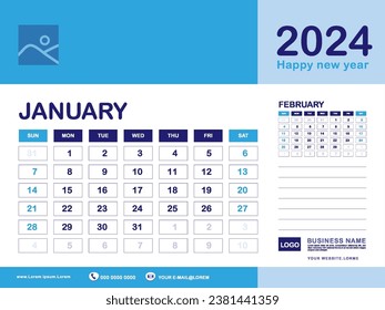 January 2024 year, Calendar planner 2024 and Set of 12 Months, week start on Sunday. Desk calendar 2024 design, simple, Wall calendar, Corporate design planner template vector, blue background