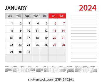 January 2024 year - Calendar 2024 template vector, week start on monday, Desk calendar 2024 year, Wall calendar design, corporate planner template, Stationery, organizer diary, vector