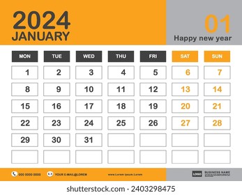 January 2024 year, Calendar 2024 template, week start on monday, Desk calendar 2024 design, simple, Wall calendar, Corporate design planner template vector, printing media, yellow background