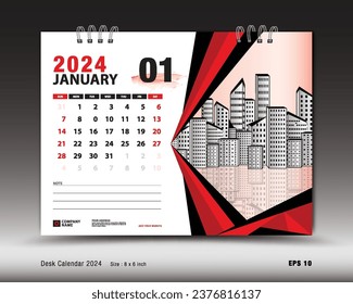 January 2024 year, Desk calendar 2024 template, Printable, Planner, Wall calendar design, Week starts on Sunday, Stationery design, Printing media, advertisement, calendar design vector illustration