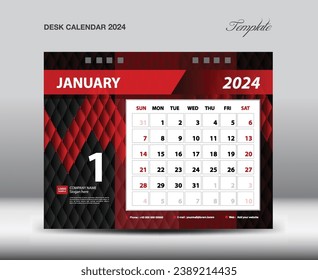January 2024 year- Desk Calendar 2024 template vector, Week starts Sunday, Planner design, Stationery design, flyer design, wall calendar 2024 year design, printing media creative idea  