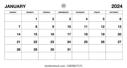 January 2024 year planner template, calendar 2024 template, monthly and yearly planners. organizer diary. week start Sunday, corporate planner template, Desk calendar 2024, Horizontal layout, vector