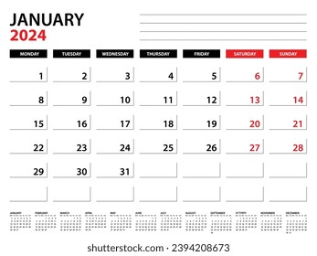 Planervorlage für Januar 2024, Vorlage für Kalender 2024, Monatsplaner und Jahresplaner. Organigertagebuch. Montag-Wochenbeginn, Vorlage für Firmenplaner, Desk-Kalender 2024, Vektorgrafik