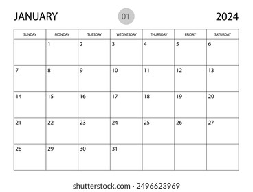 January 2024 year planner template, calendar 2024 template, monthly and yearly planners. organizer diary. week start Sunday, corporate planner template, Desk calendar 2024 year, Vector illustration