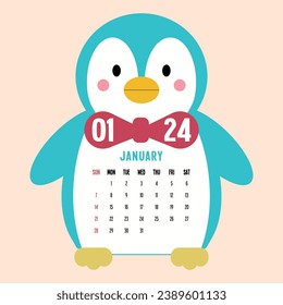 JANUARY 2024 Yearly Calendar Printable,  calendar showing months for the year 2024, colorful calendar for the new year, vector.