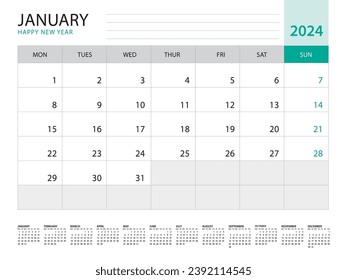 January 2024-Calendar 2024 template vector on green background, week start on monday, Desk calendar 2024 year, Wall calendar design, corporate planner template, Stationery, organizer diary, vector