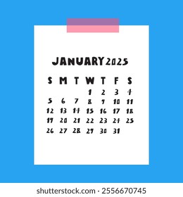 January 2025. Calendar design. Paper note. Vector illustration on blue background.