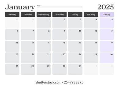 January 2025 calendar desk planner, week starts on Monday, minimal design with blank lines, vector illustration 