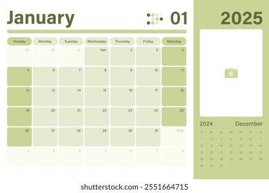 January 2025 calendar desk planner light green color modern design with space for your picture, weeks start on Sunday, vector illustration   