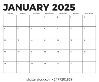 Calendario de enero de 2025. Se ajusta a la página Tamaño de letra. La semana comienza el domingo. Plantilla de calendario en blanco. Diseño de Papelería.