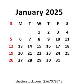 January 2025. Calendar with holydays or red dates. monthly calendar design with week starts on sunday. printable, simple, and clean vector design isolated on white background.