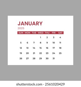 January 2025 Calendar Leaf. Calendar 2025 in flat style vector stock illustration. Wall calendar in a minimalist style.