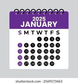 January 2025 Calendar Leaf. January 2025 calendar Sunday start Vector design.