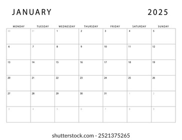 January 2025 calendar. Monthly planner template. Monday start. Vector design