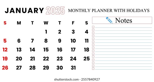 January 2025 Calendar, Monthly Planner With Holidays Vector Illustration.	