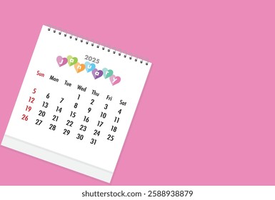 January 2025 calendar on pink color background. Date month of January 2025. Page of annual monthly calendar January 2025.