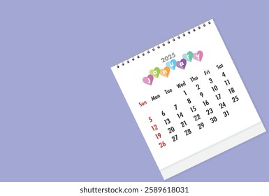 January 2025 calendar on purple color background. Date month of January 2025. Page of annual monthly calendar January 2025.