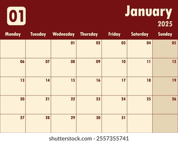 January 2025 calendar.   A simple monthly planner vector design