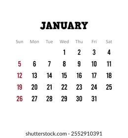 January 2025 calendar vector, simple design