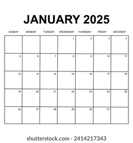 Calendario de enero de 2025. la semana comienza el domingo. Plantilla de calendario en blanco imprimible. Diseño estacional.