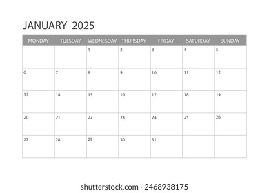 January 2025 Calendar. Week starts on Monday.