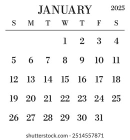 January 2025 Calendar. Week starts on Sunday. Large Number and Letter Calendar Template. Fits Square Size Page. Stationery Design.