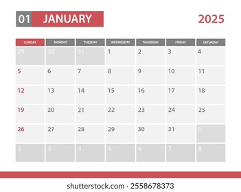 January 2025 Calendar. Week starts on Sunday.