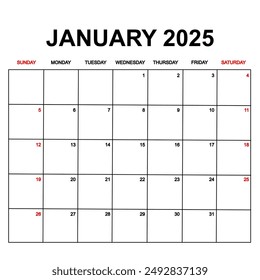 january 2025 with holydays or red dates. monthly calendar design with week starts on sunday. printable, simple, and clean vector design isolated on white background.