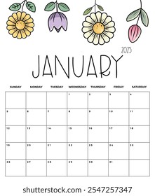 January 2025 Kids Calendar with Cute Floral Design