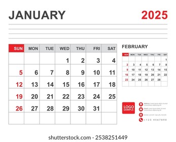 January 2025 layout, Calendar 2025 template, Printable minimalist monthly planner, Desk Calendar 2025 template, Wall calendar design, Week Start On Sunday, Stationery, printing, red color, vector
