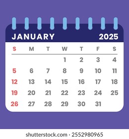 Janeiro 2025 calendário estilo carta com uma semana começando no domingo. Ideal para gerenciamento de tempo, planejamento e programação. Conceito de design plano com um layout mensal destacável. Ilustração vetorial.